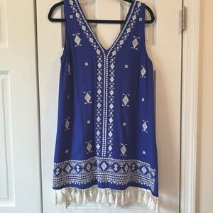 Lulus - Blue Sleeveless Dress with White Embroidery - Small